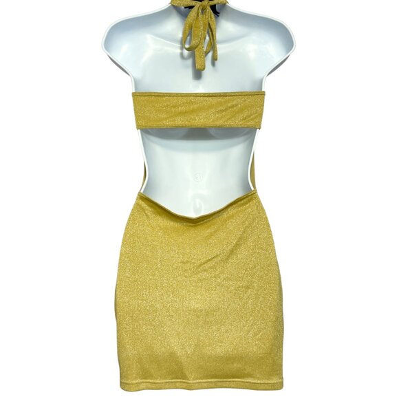 Beginning Boutique Gold Metallic Halter Mini Dress Size 10 Keyhole Party Club - Picture 4 of 9